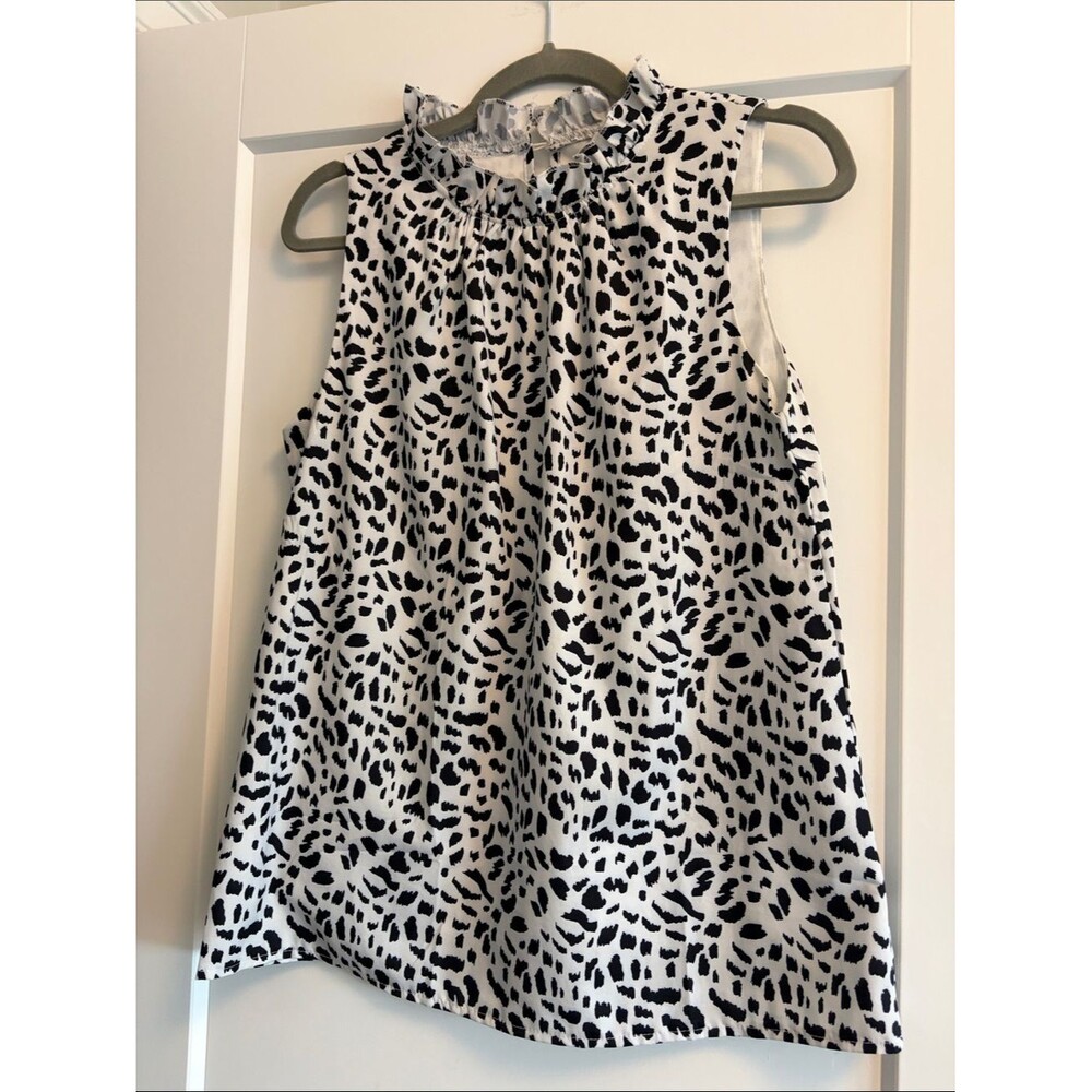 Sleeveless Ruffle-Neck Top - Black & White Animal Print